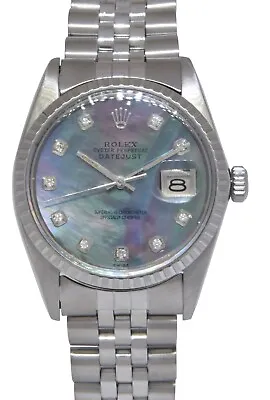 Rolex Datejust Steel Black MOP Diamond Dial Engine Turned Bezel 36mm Watch 16014 • $5750