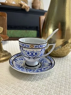 Vintage Sorelle Fine China Blue And White Tea Cup With Saucer And Spoon.  • $30