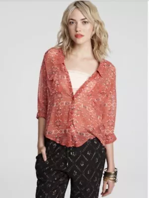 WoW~ FP Free People Sz M Easy Rider Pink Geo Print Sheer Blouse Top Button J18 • $15.99