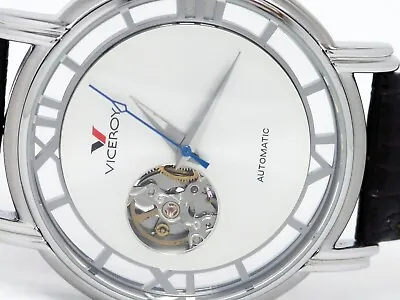 New Rare Viceroy 49643 Automatic Open Heart Skeleton Silver Dial Watch Leather • $109.99