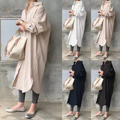 Womens Long Sleeve V Neck Buttons Down Shirt Dress Casual Baggy Long Blouse Tops • £7.59