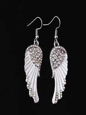 Butterfly Wings Earrings White & Silver With Rhinestones Silver Hook Close • $20.95