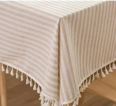 Plenmor Stripe Table Cover Beige Stripe Linen Tassel Tablecloth New 140x180cm • £18