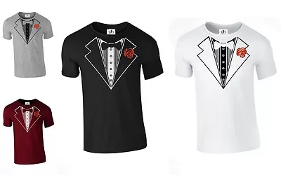 Tuxedo Suit Bow Tie Funny Joke Fancy Dress T SHIRT WEDDING STAG (ROSETSHIRT) • £5.99