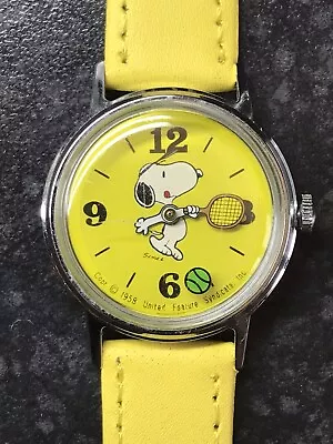 Vintage Timex Snoopy Wrist Watch Tennis Yellow Mystery Dial 1977 30mm Working • $143.12