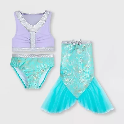 Girls' Disney The Little Mermaid 3pc Swimsuit - Lavender/Turquoise Blue 11-12 - • $13.99