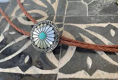 Southwestern Turquoise Bolo Tie - Gifts For Him Cabochon Indian Leather Cowboy  • $28