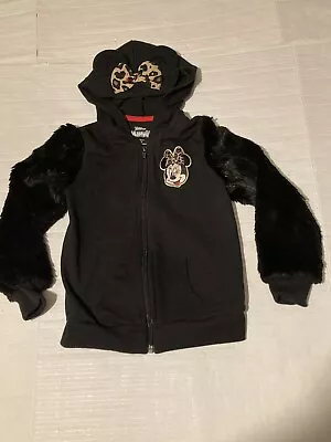 Minnie Mouse 5T Girls Disney Junior Black Hoodie Full Zip Faux Fur Sleeves • $10.99