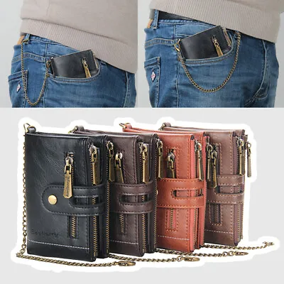 Mens Wallet With Chain Leather Purse RFID Blocking Bifold Zipper Coin Pocket • $9.99