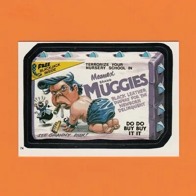 1986 Wacky Packages Muggies Diapers #74 Topps Mini Album Sticker Huggies Spoof • $2.49