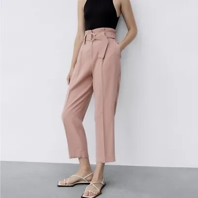 Zara Spring Pink Relaxed Trousers Pants With Belt Buckle Size M High Waisted NWT • $24.99