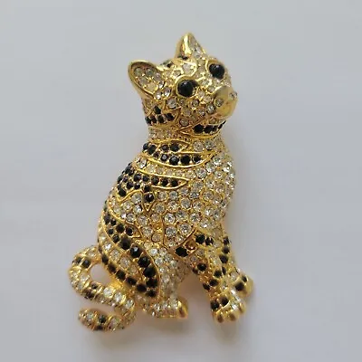 $10 • Buy Vintage Pin Brooch Cat Kitty Kitten Rhinestones Gold-Plated Green Eyes Jewelry 