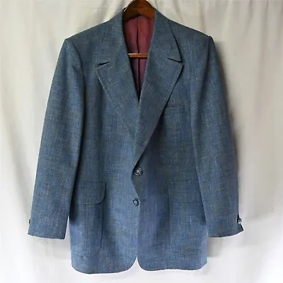 Vtg 70s 48R Blue Plaid Polyester Crest Button Blazer Suit Jacket Sport Coat • $99.99