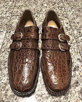 Romano Martegani Boutique Line Brown Crocodile Double Buckle Men’s Loafers Shoes • $850