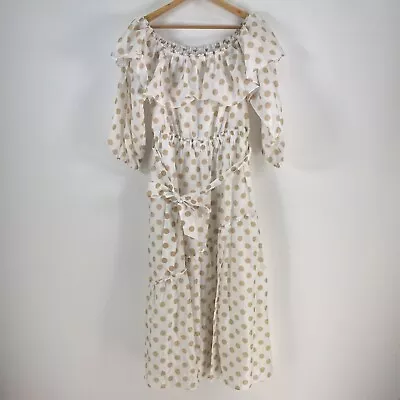 NEW Sussan Womens Maxi Dress Size 14 White Polka Dot 3/4 Sleeve Belt 080480 • $79.95