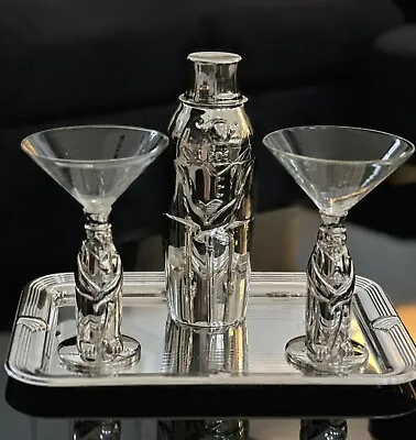 VINTAGE BAR Towle Penguin Tuxedo Cocktail Shaker Martini Glasses & Tray • $325