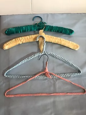 VINTAGE LOT Of 4 Hangers - Silk Satin Padded & Handmade Crochet Yarn Wrapped • $14.94