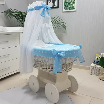 £159 • Buy Complete White Wicker Moses Basket With Stand Big Wheels Bedding W-09