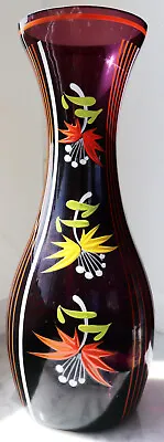 £85.73 • Buy Vase Glas Flowers Table GDR Art Hand Painted Decor 50er Purple Mid Century Strip