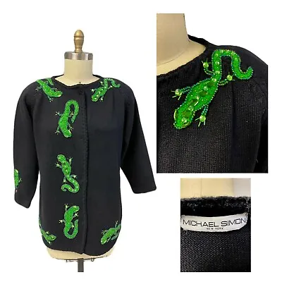 Michael Simon RARE Vintage XL 1991 Black/Green Lizards Chameleons Beaded  • $150