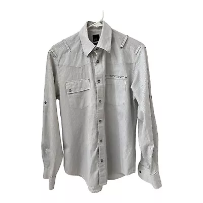 Yd. Mens Long Sleeve Shirt M White Gray Stripes Snap Up Roll Up Sleeves Snaps • $8.80