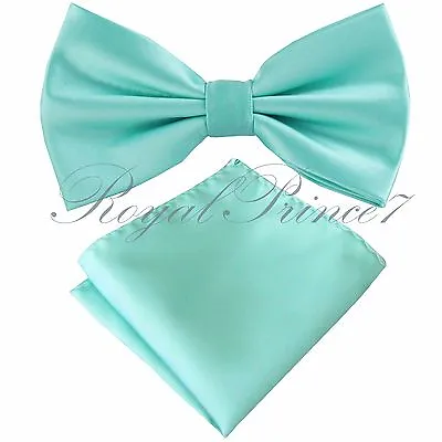 New Men Mint Aqua Green Butterfly Pretied Bow Tie & Pocket Square Hanky Wedding • $12.89