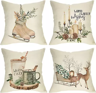 Warm Winter Wishes Decorative Throw Pillow Cover Set Of 4 Reindeer Elk Skating  • $22.01