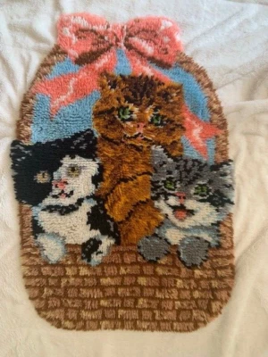 Vintage Latch Hook Large Rug Bind Complete Kittens Cats In Basket • $29.99