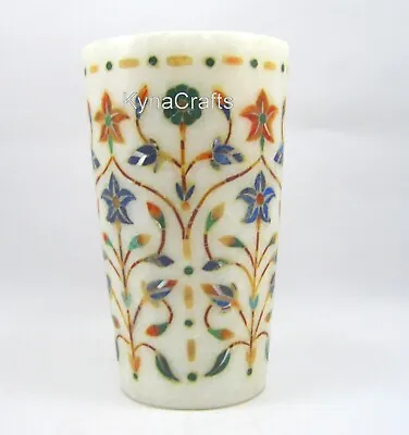 5 Inches Marquetry Art Flower Pot White Marble Giftable Vase With Luxurious Look • $126