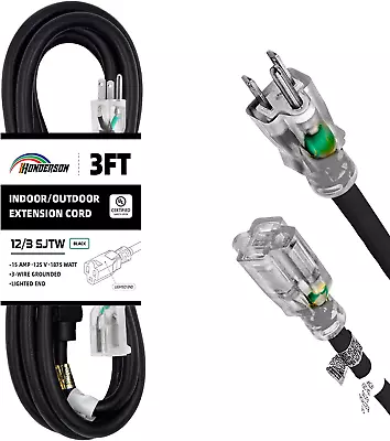 3FT 12/3 Lighted Outdoor Extension Cord 12 Gauge 3 Prong SJTW Heavy Duty Black • $13.67