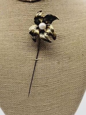 Vintage Flower Brass Gold Tone Stick Pin Brooch Hat Pin Faux Pearl 5 In • $15.30