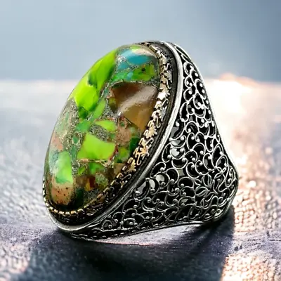 Natural Agate Stone Ring  Moss Agate Ring  Turkish Handmade Large Silver Ring • $145