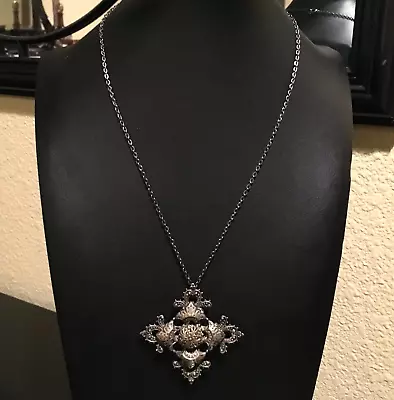 Vintage Maltese Ornate Cross Pendant Brooch Chain Necklace Dark Gray Silver Tone • $19.95