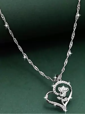 Womens Necklace Flower Decor Heart Pendant Charm Jewelry 925 Sterling Silver • $4.99