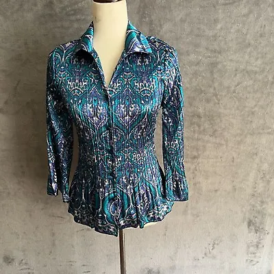 Jaclyn Smith Top Shirt Womens Size Small Blue Paisley Pleated Ruffle 90s • $15.11