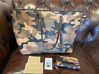 Authentic Michael Kors Jet Set Camo Xl Tote Bag - Limited W Wristlet Excell Cond • $195