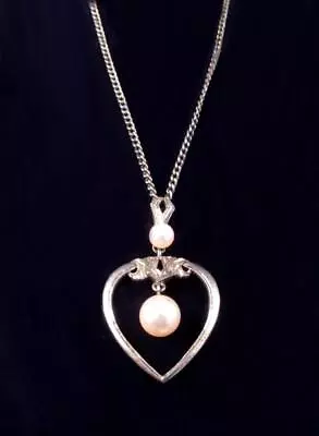 MIKIMOTO Signed STERLING & Cultured PEARL Heart PENDANT W/ 16  Silver Chain • $43