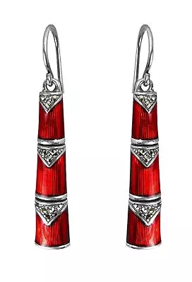 Art Deco Bamboo Style Drop Earrings 925 Sterling Set With Red Enamel & Marcasite • £146.28