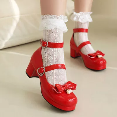 Women Chunky Heel Sweet Bows Ankle Stap Cosplay Lolita Shoes College Size US4-13 • £51.28