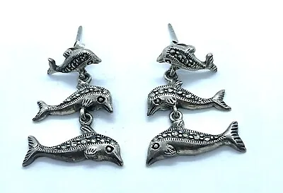 Nice Vintage Sterling Silver HA 925 Signed Hematite Dolphins Earrings • $20