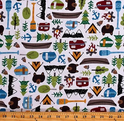 Cotton Camping Campers Mountains Bears White Fabric Print By The Yard D770.91 • $12.95