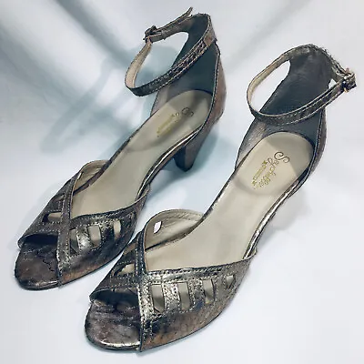 Seychelles Shoes Womens Sz 9 Metallic Snake Print Heels Open Toe Gold Embossed • £46.55