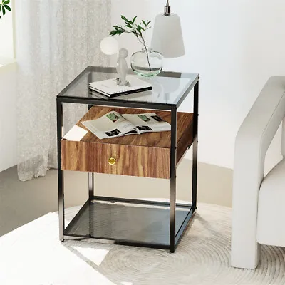 Modern Tempered Glass Bedside Table Storage Drawer Nightstand Cabinet Home Offic • £52.95