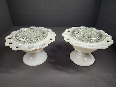 Set Of 2 Vintage Milk Glass Lace Edged Flower Frog Vases With Clear Inserts • $40