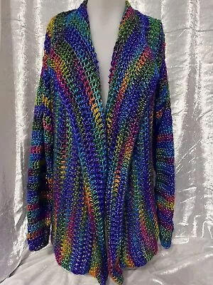 ❤️HandMade Multicoloured Metallic Dark Rainbow Waterfall Cardigan Size 6-18 • £35