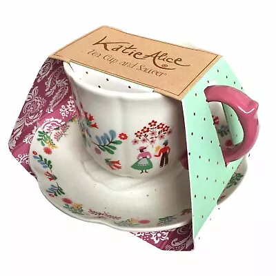 Katie Alice Tea Cup Saucer Set Festival Folk Stoneware Cottagecore Present Gift • £14.99