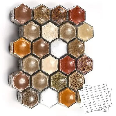 Set Of 24 Magnetic Spice Jars For Refrigerator Hexagon Glass Magnetic Spice Jar • $72.42