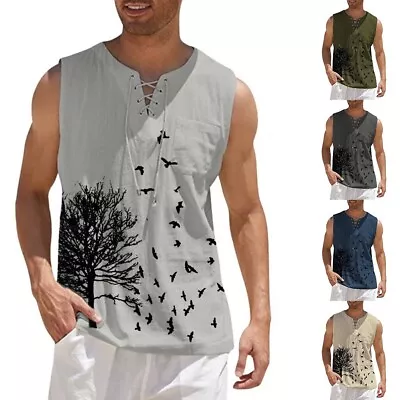 Mens Cotton Linen Vest Tank Tops Male Summer Muscle Slim Fit Gym T-Shirt Tee • £12.52