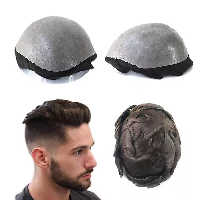 Mens Toupee Human Hair Replacement System 0.12mm Poly Skin Scalloped Front Piece • $89.99