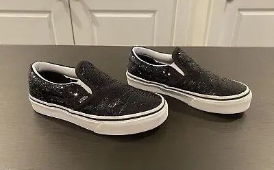 VANS Classic Slip On Micro Sequins Black Glitter Girls Size 1.5 Shoes 1 1/2 • $18.99